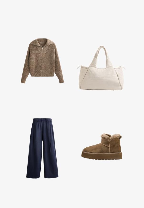 Pulover s pol-zadrgo, teksturiran rjav pleten, z rebrastimi manšetami in robom, ki se ponaša s prijetnim, prostornim krojem in V-izrezom.; Mornarske široke hlače, narejene iz lahkotnega materiala, z elastičnim pasom in dvema stranskima žepoma, s gladko teksturo in ravno silhueto.; Rjavi semiš škornji do gležnjev z umetnim krznom, okroglo toe in debelim podplatom; imajo šivano šiv in zanko na hrbtni strani.; Bežna kvačena torba s dvema ročajema, zaobljena oblika, teksturirana tkanina in žep na vrvico na strani. Gladka površina, minimalisticni dizajn.