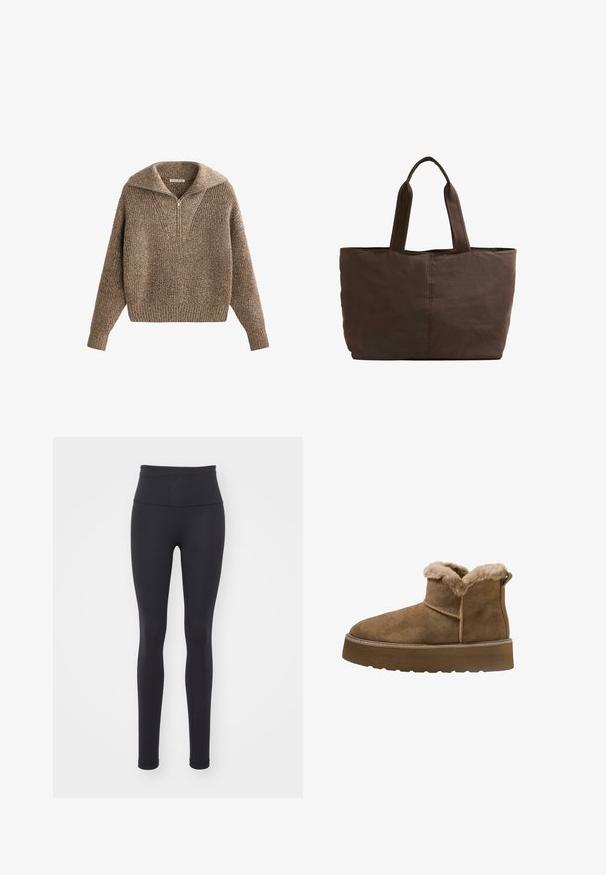 Puserotakkia, jossa on puoli-vetoketjutakki, teksturoitu ruskea neulonta, ribbireunat hihansuissa ja helmassa, joka tarjoaa mukavan, suurikokoisen istuvuuden ja V-kaula-aukon.; Mustat korkeavyötäröiset leggingsit, jotka on valmistettu joustavasta materiaalista, ja joissa on uurrettu pinta sekä vartalonmyötäinen muotoilu ilman näkyviä kuvioita tai varusteita.; Ruskean nupukkinahkakengät, joissa on keinokarvavuori, pyöreä varvastyyny ja paksu pohja; ominaisuuksiin kuuluu ommeltu sauma ja vetotappi takana.; Ruskea kangaskassi, jossa on kaksi tukevata kahvaa, suorakaiteen muotoinen, vähäiset ompeluyksityiskohdat ja sileä pinta.