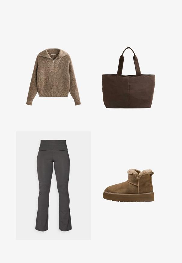Sweter z półsuwnym kołnierzem, teksturowany brązowy splot, ściągacze przy rękawach i u dołu, o przytulnym, oversize'owym kroju i dekolcie w kształcie litery V.; Dopasowane, ciemnoszare, rozszerzające się spodnie do jogi z szerokim, miękkim pasem. Wykonane z elastycznego, gładkiego materiału zapewniającego komfort i swobodę ruchów.; Brązowe zamszowe botki za kostkę z futrzanym wnętrzem, okrągłym noskiem i grubą platformą; mają przeszywaną szew i uchwyt z tyłu.; Brązowa torba materiałowa z dwoma mocnymi uchwytami, prostokątny kształt, minimalne detale w szyciu i gładka tekstura.