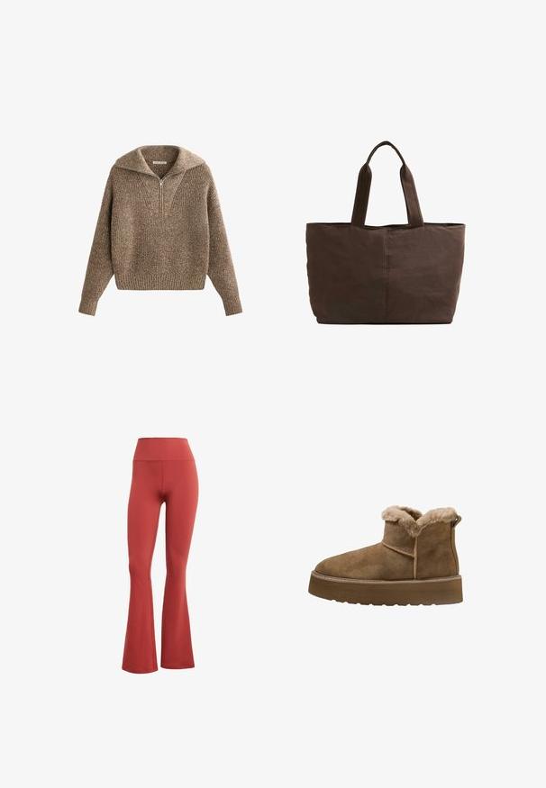 Pullover sweater with a half-zip collar, textured brown knit, ribbed cuffs and hem, featuring a cozy, oversized fit and v-neckline.; Red flared leggings with a high waist, made of stretchy fabric. Smooth texture with no visible patterns or hardware.; Brown suede ankle boots with faux fur lining, round toe, and a thick platform sole; features a stitched seam and pull tab at the back.; Brown fabric tote bag with two sturdy handles, rectangular shape, minimal stitching details, and a smooth texture.