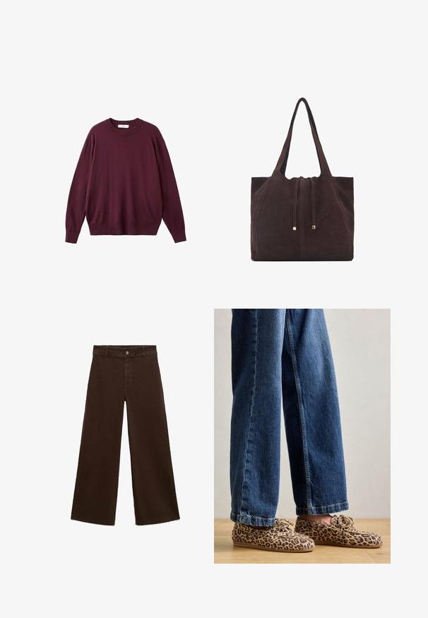 Long-sleeve crew neck sweater in solid dark maroon with ribbed cuffs and hem, displayed flat on a white background.; Brown wide-leg trousers in cotton blend, featuring a frayed hem, front button closure, and classic five-pocket design. Minimalistic and versatile.; Leopard print loafers made of suede, featuring a rounded toe, lace-up design, and flat, flexible soles, paired with blue denim jeans.; Mango Tote bag - dark brown