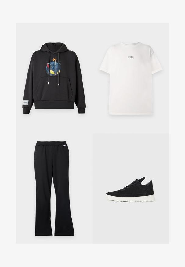 Black hoodie featuring a graphic of a blue cat with yellow eyes and a bomb on its head. Includes a front pocket and ribbed hem.; White cotton t-shirt featuring a small printed tag in the center. Short sleeves and a relaxed fit with a smooth texture.; Black athletic pants with a textured fabric, elastic waistband, and buttons at the ankle for adjustable fit. Flat front and straight legs.; Black suede sneaker with a white rubber sole, featuring tonal stitching and lace-up design. Smooth texture with a modern, streamlined shape.