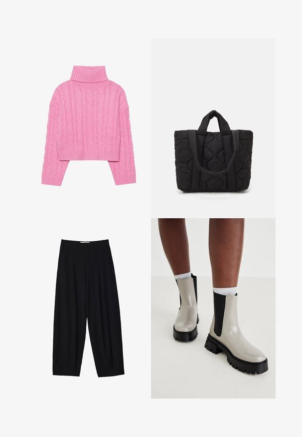 Kratki ružičasti pulover s visokim ovratnikom napravljen od teksturirane pletene tkanine, s rebrastim ovratnikom i manžetama, dugim rukavima i uskim rubom.; Crne široke hlače od laganog materijala, s prednjim plitkim nabora, klasičnim pojasom i bočnim džepovima. Glatka tekstura.; Sive i crne čizme do gležnja s sjajnom završnom obradom, elastičnim bočnim panelima, debelim crnim đonom i teksturiranim uzorkom. ; Crna torba s kvadratnim uzorkom na preklop s dva čvrsta ručka, koja se ističe teksturiranim materijalom s dijamantnim uzorkom za izdržljivost i stil.