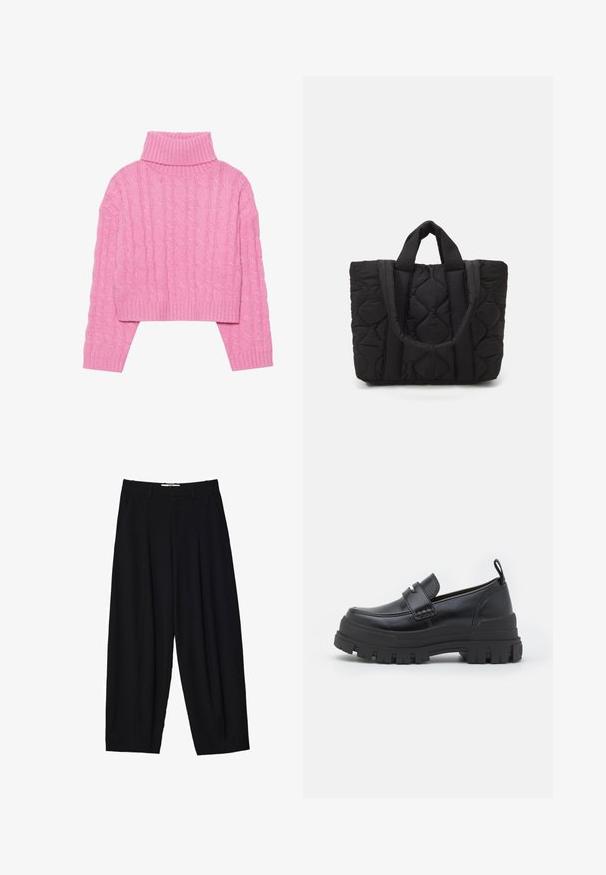 Gekürzter rosa Rollkragenpullover aus strukturiertem Kabelstrick, mit geripptem Kragen und Bündchen, langen Ärmeln und einem taillierten Saum.; Schwarze weit geschnittene Hose aus leichtem Stoff, mit vorderen Falten, klassischem Bund und seitlichen Taschen. Angenehme Struktur.; Schwarzer Leder-Schlupfschuh mit einer stabilen schwarzen Gummisohle. Verfügt über einen breiten Riemen an der Vorderseite und ein gesticktes Design um die Zehen.; Schwarze gesteppte Tragetasche mit zwei stabilen Tragegriffen, gefertigt aus einem strukturierten Stoff mit einem Rautenmuster für Langlebigkeit und Stil.