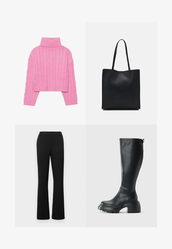 Skrajšan roza pulover s turtleneck ovratnikom, izdelan iz teksturirane pletenine v kabelskem vzorcu, s rebrastim ovratnikom in manšetami, dolgimi rokavi ter oprijetim robom.; Črne široke hlače iz raztegljive tkanine. Imajo raven pas, zanke za pas in sprednje žepe. Gladko teksturo in skrojeni fit.; Visoka črna usnjena škornja s debelim podplatnim solejem in blok peto, opremljena s potegom in strukturiranim profilom na podplatu.; Črna usnjena torba s svilnato teksturo, pravokotne oblike in dvema dolgima ročajema. Brez vidnih metalnih delov ali okrasnih elementov.