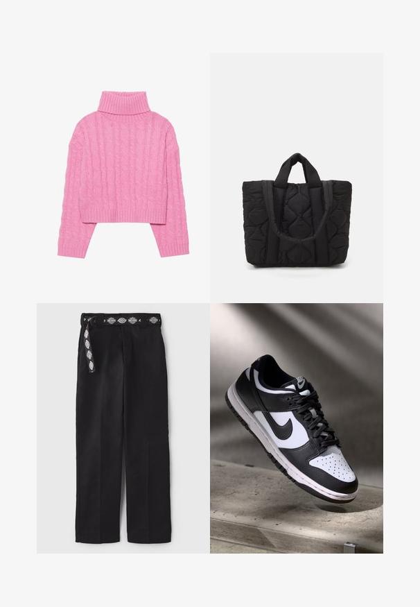 Skrajšan roza pulover s turtleneck ovratnikom, izdelan iz teksturirane pletenine v kabelskem vzorcu, s rebrastim ovratnikom in manšetami, dolgimi rokavi ter oprijetim robom.; Črne široke hlače iz bombaža, ki imajo vzorčeno črno-bele pasove. Gladka tekstura z ravnim krojem brez vidnih okrasnih elementov.; Črno-bel Nike Dunk Low čevelj z usnjenim zgornjim delom, perforiranim prstnim delom in črnimi vezalkami, z belim podplatom in logotipnimi detajli.; Črna kviltana torba z dvema trdnima ročkama, ki se ponaša s teksturirano tkanino z diamantskim vzorcem za vzdržljivost in stil.