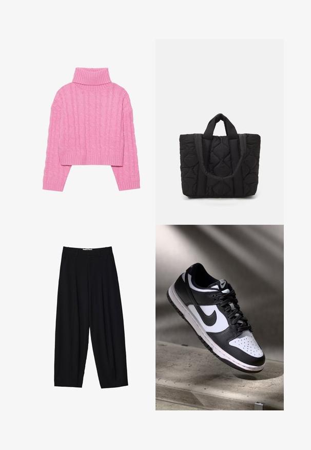 Cropped pink turtleneck sweater made of textured cable knit, featuring a ribbed collar and cuffs, with long sleeves and a fitted hem.; Black wide-leg trousers made of lightweight fabric, featuring front pleats, a classic waistband, and side pockets. Smooth texture.; Black and white Nike Dunk Low sneaker with leather upper, perforated toe box, and black laces, featuring a white sole and logo accents.; Black quilted tote bag with two sturdy handles, featuring a textured fabric with a diamond pattern for durability and style.