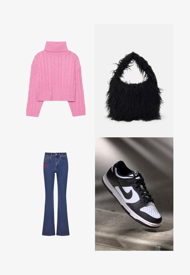 Suéter corto de cuello alto en color rosa, hecho de un trenzado texturizado, con cuello y puños acanalados, de manga larga y con un dobladillo ajustado.; Vaqueros de campana azul oscuro con cintura alta, que presentan un logotipo rojo bordado en la parte delantera, hechos de denim con una textura suave.; Zapatilla Nike Dunk Low en blanco y negro con parte superior de cuero, caja de dedos perforada y cordones negros, que cuenta con una suela blanca y acentos de logo.; Even&Odd Bolso shopping - black
