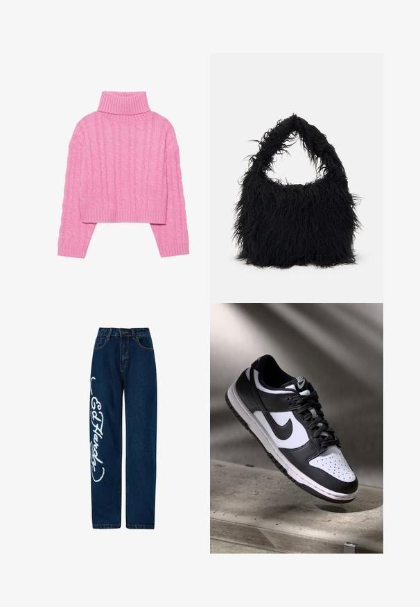 Lyhyeksi leikattu vaaleanpunainen poolopaita, joka on valmistettu teksturoidusta palmikkoneuleesta. Paidassa on ribattu kaulus ja hihansuut, pitkät hihat sekä tiukka helma.; Tummansiniset farkut rentoa istuvuutta, joissa on suuri valkoinen tekstikoristelu vasemmassa lahkeessa ja perinteinen viisi-taskuinen muotoilu.; Musta-valkoinen Nike Dunk Low -lenkkari, jossa on nahkainen yläosa, rei'itetty varvasosa ja mustat nauhat. Kenkässä on valkoinen pohja ja logovärityksiä.; Even&Odd Shopping bag - black