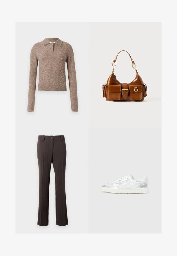 Bruine wollen trui met een kraaghalslijn, voorzien van een ruitpatroon en lange mouwen, afgewerkt met geribbelde manchetten en onderrand.; Bruine broek met streepjes, met een getailleerd ontwerp, voorzien van een knoopsluiting aan de voorkant en een rechte pijp. Zachte stoftextuur.; Witte sneakers met metallic zilveren accenten, gladde textuur, ronde neus, platte zool en traditionele vetersluiting.; Bruine leren handtas met een gebogen vorm, dubbele gouden hardware, twee voorzakken en een brede schouderband. Soepele textuur met een elegante afwerking.