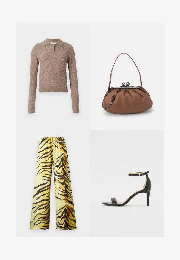 Rudas vilnonis megztinis su apykakle, puoštais deimantų raštu ir ilgomis rankovėmis, baigtas įrištais rankogaliais ir apačioje.; Nanushka BRENDA - Kelnės - yellow; Juodos oda aukštakulniai sandalai su kulkšnies dirželiu. Pasižymi lygiu paviršiumi, atviru pirštu ir plonu kulnu. Auksinės spalvos sagties detalė.; Ruda odinė rankinė su surinkto dizaino, trumpa odinė rankena ir grandinėlės diržas. Yra sidabrinė metalinė sagtis su dviem apvaliais akcentais.