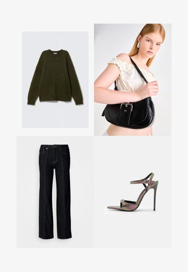 Zaļš džemperis no mohair maisījuma ar garām piedurknēm, apaļu kaklu un pūkainu tekstūru, ar brīvu piegriezumu un bez redzamām aizdarēm.; Melna platā kāju džinsu bikses, izgatavotas no denima, ar redzamām šuvēm, pogu aizdari un divām priekšējām kabatām. Gluda tekstūra ar taisnu griezumu.; Augstpapēžu sandales ar daudzkrāsainu, strukturētu čūsku rakstu. Aprīkotas ar regulējamām potīšu siksnām un smailu purngalu dizainu.; Melnas ādas pleca soma ar izliekta formu, pulētiem sudraba elementiem un noņemamu birku. Gluda tekstūra ar niansētām šuvju detaļām.