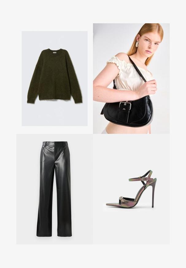 Green mohair-blend sweater with long sleeves, crew neck, and fuzzy texture, featuring a relaxed fit and no visible fastenings.; Black leather wide-leg pants with a smooth texture, featuring a mid-rise waistband and subtle front crease lines.; High-heeled sandal with a multicolored, textured snake print. Features adjustable ankle straps and a pointed toe design.; Black leather shoulder bag with a curved shape, polished silver hardware, and a detachable tag. Smooth texture with subtle stitching details.