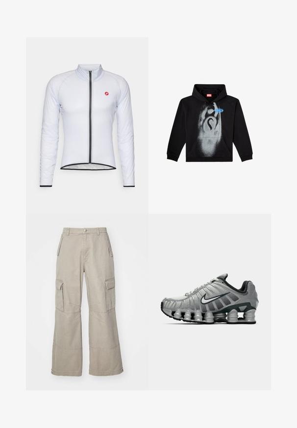 Sort hættetrøje lavet af bomuld. Har en frontlomme, snorhuv og et gråt spraymalet design med en blå etikette accent.; Hvid cykeljakke med lange ærmer, høj krave og foran lynlås. Har et lille rødt logo og en kontrasterende sort kant og manchetter.; Khaki cargo bukser lavet af bomuldsblanding, med brede ben, flere sidelommer og subtile syninger.; Grå og sort Nike løbesko med synlig fjederlignende dæmpning under sålen og et hvidt swoosh-logo på siden.