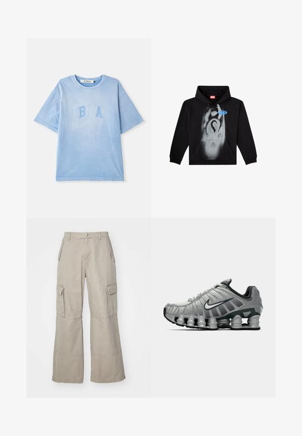 Čierna mikina s kapucňou vyrobená z bavlny. Disponuje prednou kapsou, kapucňou so šnúrkami a šedým dizajnom nastriekaným sprejom s modrým akcentom.; Svetlo modré bavlnené tričko s krátkym rukávom a okrúhlym výstrihom. Obsahuje vyšívaný text "IBIZA" v o niečo tmavšej modrej. Hladká textúra.; Khaki cargo nohavice vyrobené z bavlnenej zmesi, s širokými nohavicami, viacerými bočnými vreckami a jemnými švovými detailmi.; Sivé a čierne bežecké topánky Nike s viditeľným odpružením podobným pružine pod podrážkou a bielym logom swoosh na boku.