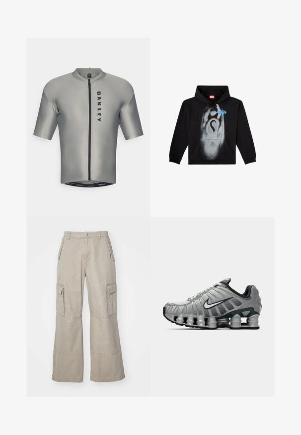 Sudadera negra de algodón. Presenta un bolsillo frontal, capucha con cordón y un diseño de spray gris con un acento de etiqueta azul.; Jersey de ciclismo de manga corta en suave tela gris con una cremallera frontal, que presenta un logo negro de "OAKLEY" y un diseño ajustado.; Pantalones cargo caqui hechos de una mezcla de algodón, con piernas anchas, múltiples bolsillos laterales y sutiles detalles de costura.; Zapatilla de running Nike en gris y negro con amortiguación visible tipo resorte debajo de la suela y un logo de swoosh blanco en el lateral.