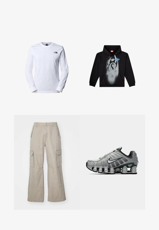 Svart hoodie i bomull. Har en framficka, snörmgränd samt en grå sprayfärgsdesign med en blå etikettaccent.; Långärmad vit t-shirt i bomull med rundad halsringning och ribbade ärmslut. Vänster bröst har en liten svart logotyp.; Kakifärgade cargo-byxor i bomullsmix, med vida ben, flera sidofickor och subtila sömnadsdetaljer.; Grå och svart Nike löparskor med synlig fjädrande dämpning under sulan och en vit swoosh-logotyp på sidan.