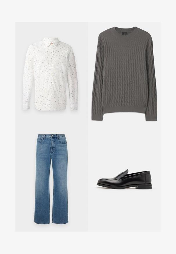 Armani Exchange Jersey de punto - dark gull zig zag; Camisa blanca de manga larga con un patrón repetitivo de letras coloridas, con cierre de botones en la parte delantera, cuello estándar y puños con botones.; Pantalones vaqueros de pierna ancha en denim con un acabado desgastado. Presenta cinco bolsillos, un cierre de botón en la parte delantera y un corte recto.; Mocasines de cuero negro con una textura suave, puntera redondeada y una tira decorativa en el empeine. Tacón bajo apilado, diseño minimalista.