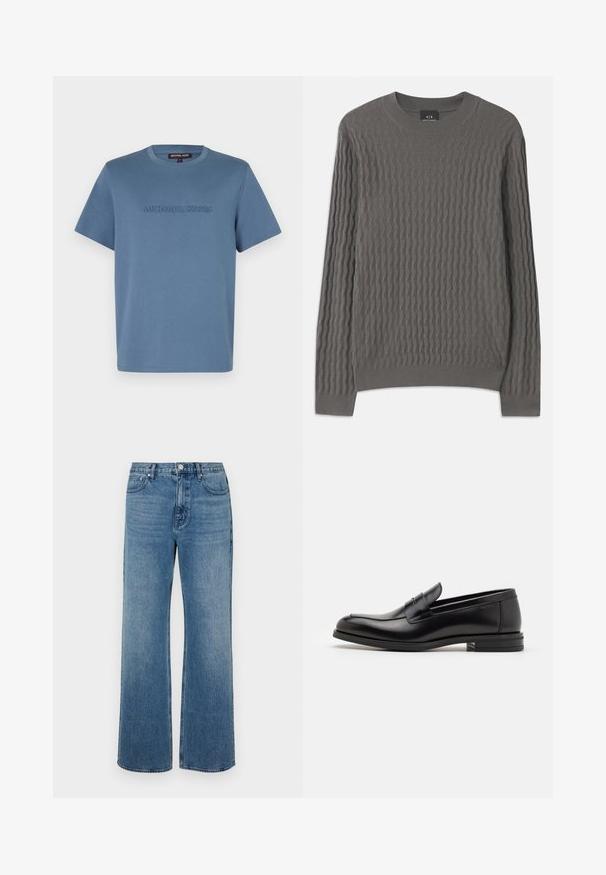 Armani Exchange Strickpullover - dark gull zig zag; Hellblaues Baumwoll-T-Shirt mit Rundhalsausschnitt und kurzen Ärmeln, auf der Vorderseite mit "MICHAEL KORS" in passender Farbe eingeprägt.; Weite blaue Jeans aus Denim mit einem verblassten Finish. Verfügt über fünf Taschen, einen Frontknopfverschluss und einen geraden Schnitt.; Schwarze Lederloafers mit glatter Textur, rundem Zehenbereich und einem dekorativen Riemen über dem Vorderfuß. Niedriger, gestapelter Absatz, minimalistisches Design.