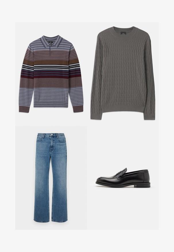 Armani Exchange Neule - dark gull zig zag; Pitkähihaista pulloveria, jossa on vuorotellen sinisiä, ruskeita ja viininpunaisia raitoja. Siinä on kaulus ja yksi nappisulku. Teksturoitu neulekangas.; Levelederg blå jeans laget av denim med en falmet finish. Har fem lommer, glidelås foran og rett snitt.; Mustat nahkakengät, joissa on sileä pinta, pyöreä kärki ja koristeellinen nauha jalkapöydän yli. Matala pinoitu koroke, minimalistinen muotoilu.