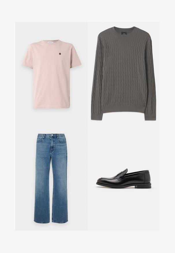 Armani Exchange Jumper - dark gull zig zag; Light pink short-sleeve T-shirt made of soft fabric. Features a small black hexagonal logo on the left chest. Straight cut design.; Wide-leg blue jeans made of denim with a faded finish. Features five pockets, a front button closure, and a straight cut.; Black leather loafers with a smooth texture, rounded toe, and a decorative strap across the vamp. Low stacked heel, minimalist design.