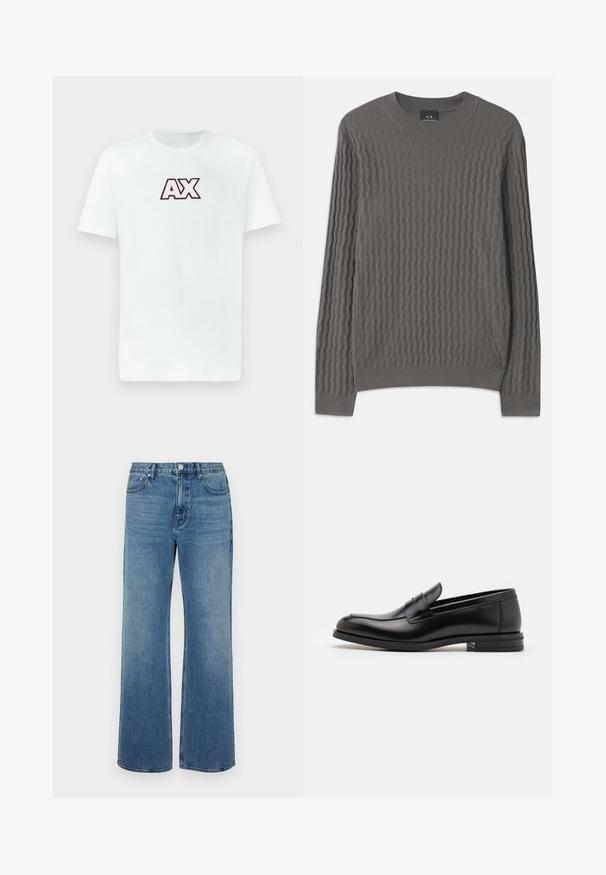 Armani Exchange Pulover - dark gull zig zag; Bela majica s kratkimi rokavi in okroglim izrezom z drznim logotipom "AX" v rdeči in črni barvi, ki je centriran na prsih proti nevtralnem ozadju.; Modri široki jeans iz denima z izbledelim zaključkom. Imajo pet žepov, sprednje zapiranje na gumb in ravno krojenje.; Črne usnjene loafer čevlje z gladko teksturo, zaobljenim nosom in dekorativnim trakom čez zgornji del. Nizka zložena peta, minimalističen dizajn.