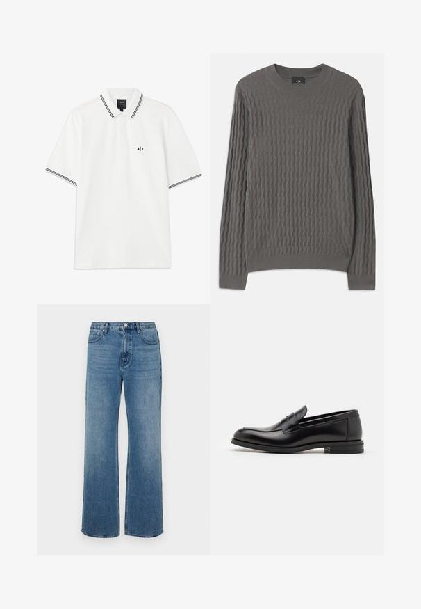 Armani Exchange Svetrík - dark gull zig zag; Biely polo tričko s golierom, krátkymi rukávmi, čiernym lemovaním na golieri a rukávoch a malým čiernym logom na ľavej hrudi.; Džínsy s širokými nohavicami vo farbe modrej, vyrobené z denimovej látky s vyblednutým vzhľadom. Obsahujú päť vreciek, predné zapínanie na gombík a rovný strih.; Čierne kožené mokasíny s hladkou textúrou, zaoblenou špičkou a dekoračným pásikom cez priehlavok. Nízky vrstvený opätok, minimalistický dizajn.