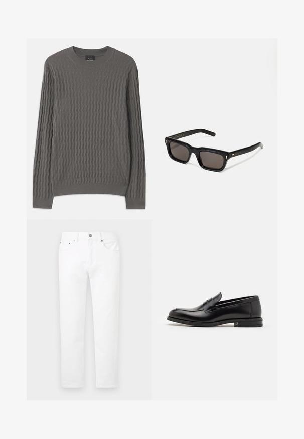 Armani Exchange Jersey de punto - dark gull zig zag; Jeans de mezclilla blanca con un diseño de pierna recta, estilo de cinco bolsillos y herrajes metálicos en la parte frontal. Textura suave sin patrones visibles.; Mocasines de cuero negro con una textura suave, puntera redondeada y una tira decorativa en el empeine. Tacón bajo apilado, diseño minimalista.; Gafas de sol rectangulares negras con lentes oscuros, marco de plástico grueso, acentos dorados en las patillas y logotipo de la marca grabado en el brazo.