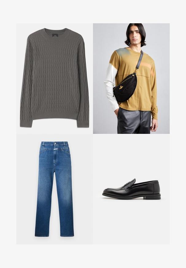 Armani Exchange Svetr - dark gull zig zag; Modré džínové kalhoty s rovnými nohavicemi, vybavené zapínáním na knoflík, poutky na opasek a jemným vyšisováním na stehnech.; Černé kožené polobotky s hladkou texturou, zaoblenou špičkou a zdobným páskem přes nárt. Nízký stohovaný podpatek, minimalistický design.; Vivienne Westwood CITY BUMBAG UNISEX - Ledvinka - black