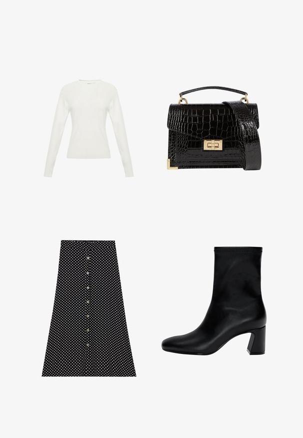Maglione bianco a maniche lunghe con texture a coste, scollo rotondo e design aderente. Presenta dettagli di cucitura sottili sul corpo.; Gonna nera con pois bianchi, dotata di una chiusura frontale con bottoni, design svasato e vita elastica. Tessuto dalla texture liscia.; Stivaletto nero fino alla caviglia in pelle liscia. Presenta una punta quadrata, un bordo elastico e un tacco robusto per la stabilità. Design minimalista.; Borsa a tracolla nera in pelle verniciata con texture a coccodrillo, hardware dorato, manico superiore e una tracolla removibile. Forma rettangolare con chiusura a patta.