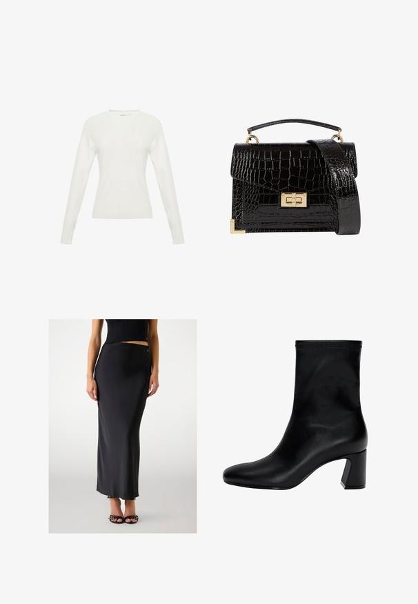 Pull blanc à manches longues avec une texture côtelée, un col rond et un design ajusté. Présente des détails de couture subtils sur le corps.; Jupe longue en satin noir au design épuré, avec un léger éclat et une fente sur le côté, associée à des sandales à talons noires à lanières.; Botte noire à la cheville en cuir lisse. Possède un bout carré, un haut élastiqué et un talon épais pour la stabilité. Design minimaliste.; Sac à main en cuir verni noir avec une texture crocodile, quincaillerie dorée, une poignée supérieure et une bandoulière amovible. Forme rectangulaire avec une fermeture à rabat.