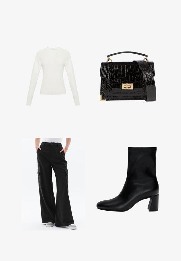 Weißer Pullover mit langen Ärmeln, geripptem Muster, runder Halslinie und tailliertem Design. Verfügt über dezente Nähte auf dem Körper.; Weite Cargo-Hosen aus dunkelgrünem Stoff mit seitlichen Taschen und einem Knopfverschluss. Glatte Textur mit taillierter Passform. Kombiniert mit grauen Sneakers.; Schwarzer Knöchelstiefel aus glattem Leder. Mit quadrater Zehenpartie, elastischem Schaft und einem stabilen Blockabsatz. Minimalistisches Design.; Schwarz lackierte Handtasche mit Krokodilstruktur, goldfarbenen Hardware, einem oberen Griff und einem abnehmbaren Schulterriemen. Rechteckige Form mit Klappenverschluss.