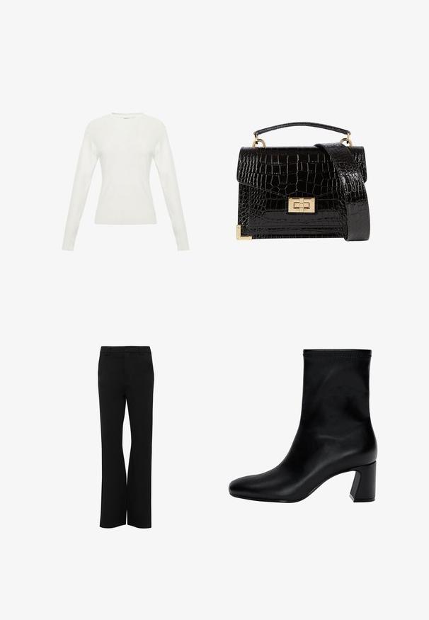 Weißer Pullover mit langen Ärmeln, geripptem Muster, runder Halslinie und tailliertem Design. Verfügt über dezente Nähte auf dem Körper.; Schwarze Hose mit geradem Bein, aus glattem Stoff gefertigt. Mit Gürtelschlaufen und einem Reißverschluss für den Verschluss.; Schwarzer Knöchelstiefel aus glattem Leder. Mit quadrater Zehenpartie, elastischem Schaft und einem stabilen Blockabsatz. Minimalistisches Design.; Schwarz lackierte Handtasche mit Krokodilstruktur, goldfarbenen Hardware, einem oberen Griff und einem abnehmbaren Schulterriemen. Rechteckige Form mit Klappenverschluss.