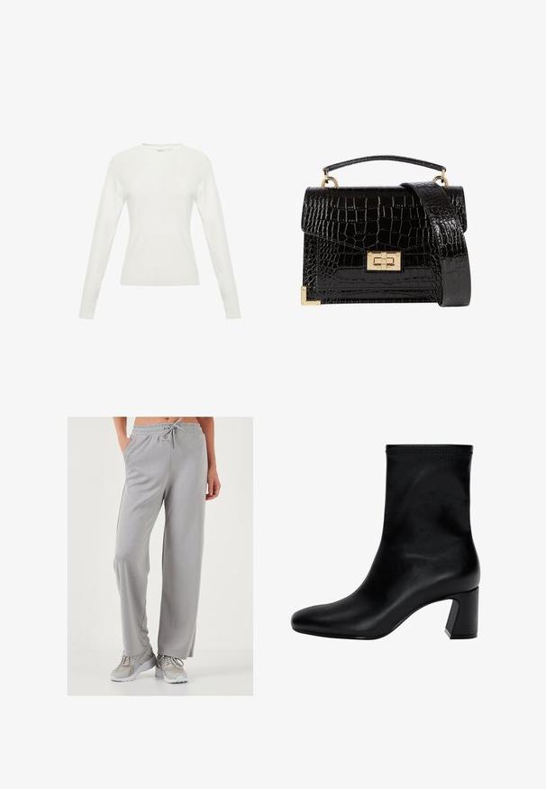 Witte lange mouwen trui met een geribbelde textuur, ronde halslijn en aansluitend ontwerp. Bevat subtiele stikdetails op het lijf.; Lichtgrijze wijde sweatpants van zacht, glad materiaal; voorzien van een elastische tailleband met trekkoord en zijzakken.; Zwarte enkellaars van soepel leer. Heeft een vierkante neus, een elastische bovenkant en een chunky hak voor stabiliteit. Minimalistisch ontwerp.; Zwarte patenten leren handtas met een krokodillenstructuur, gouden hardware, een bovenhandvat en een afneembare schouderband. Rechthoekige vorm met een klepafsluiting.