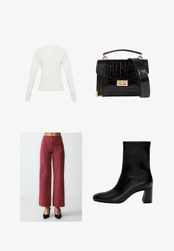 Witte lange mouwen trui met een geribbelde textuur, ronde halslijn en aansluitend ontwerp. Bevat subtiele stikdetails op het lijf.; Wijde broeken van stof met een rood en beige geometrisch patroon, met een hoge taille en een gestructureerde afwerking.; Zwarte enkellaars van soepel leer. Heeft een vierkante neus, een elastische bovenkant en een chunky hak voor stabiliteit. Minimalistisch ontwerp.; Zwarte patenten leren handtas met een krokodillenstructuur, gouden hardware, een bovenhandvat en een afneembare schouderband. Rechthoekige vorm met een klepafsluiting.