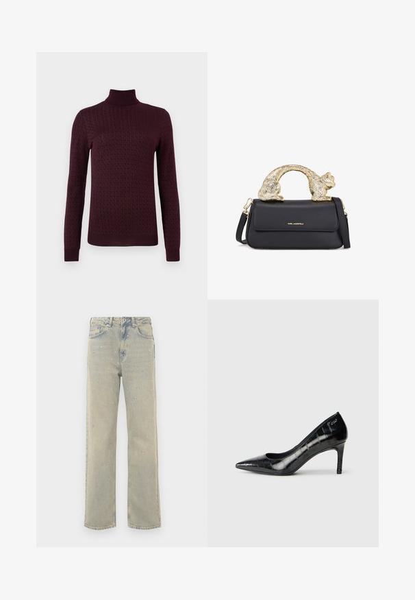 Burgundia värvi kõrge kaelusega kampsun, millel on tekstuuriga muster, pikad varrukad ja tihedad mansetid. Valmistatud pehmest ja elastsetest materjalidest.; Valge pikka varrukat nuppude jaotuse särk, mis on valmistatud siledast puuvillasegust. Omab klassikalist krae, ees nuppude sulgemist ja ümarate mansettidega.; Helehall denim laiad püksid helesinises toonis, millel on kulunud viimistlus, kaunistatud hõbedaste nupukestega, mis on paigutatud ringikujuliste mustritega esiosale.; Mustad varvastega mustad kõrged kontsad läikiva viimistluse ja peene tekstuuriga mustriga. Omab mõõdukat kontsa ja avatud kaela disaini.; Must või voodri tasku ja kuldne kassi kujuline käepide, millel on esine klapp, reguleeritav rihm ja logodetail alumisel ees.