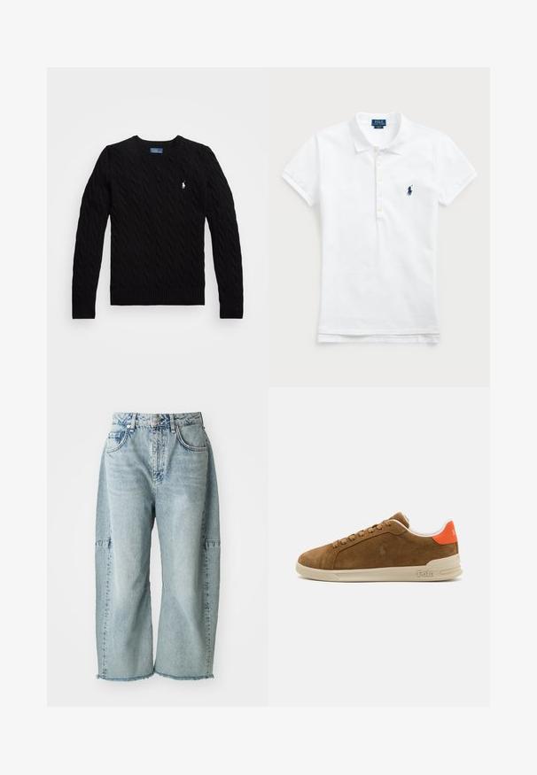 Juodas megztinis su kabeliniu raštu, V formos iškirpte, banguota apykakle ir ilgomis rankovėmis; kairėje krūtinės pusėje yra mažas baltas logotipas.; Balta medvilninė polo marškinėliai su klasikiniu apykaklės dizainu, trumpomis rankovėmis ir tamsiai mėlynu siuvinėtu logotipu kairėje krūtinės pusėje. Penkių mygtukų užtrauktukas.; Šviesiai mėlynos džinsinės kelnės pasižymi plačiomis kojomis, suplėšytais kraštais ir aplikacijomis. Pagamintos iš minkštos, tekstūruotos medvilnės medžiagos.; Rudos zomšos sportiniai bateliai su kreminiu guminio pado, su oranžiniais akcentais ant kulno ir mažo logotipo detale šone.