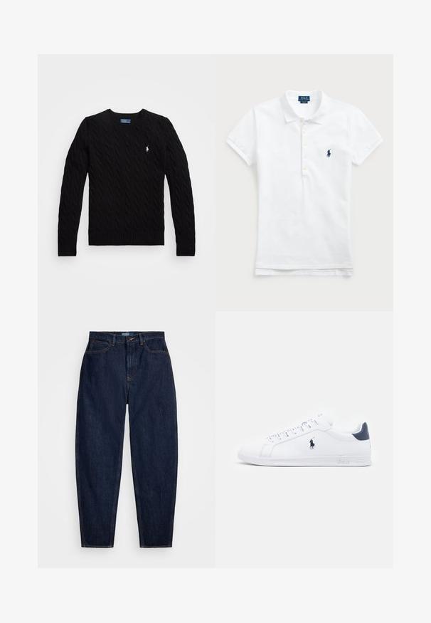 Černý svetr s kabelovým pletením, s výstřihem do V, ribbovaným lemem a dlouhými rukávy; má malé bílé logo na levé hrudi.; Bílá bavlněná polo košile s klasickým límcem, krátkými rukávy a vyšitým námořnickým logem na levé hrudi. Pětici knoflíků na zapínání.; Tmavě modré džíny s rovnou nohavicí, se oranžovým prošíváním, předním zapínáním na knoflík a pěti kapsami.; Bílé kožené tenisky s hladkým povrchem, námořnickými akcenty a malým logem na boku. Mají ploché tkaničky a texturovanou gumovou podrážku.