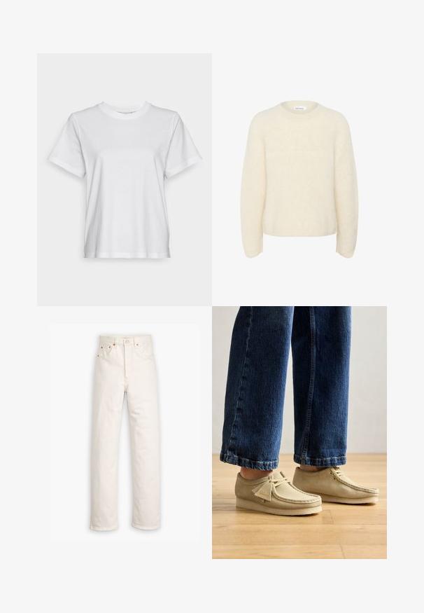 Elfenbeinfarbener, übergroßer Pullover aus weichem, strukturiertem Stoff. Mit Rundhalsausschnitt und langen Ärmeln in lockerer Passform. Keine sichtbaren Muster.; Weißes Baumwoll-T-Shirt mit kurzen Ärmeln, Rundhalsausschnitt und lässigem Schnitt. Glatte Textur, keine Muster oder Grafiken, einfaches Design.; Weiße Denim-Jeans mit geradem Bein, im Fünf-Taschen-Stil und mit kupferfarbenen Hardware-Details. Rohschnitt an den Knöcheln.; Beige Wildlederschuhe mit runden Zehen und niedrigem Profil. Mit Schnürdesign und gesteppten Akzenten. Getragen mit gekürzten blauen Jeans.