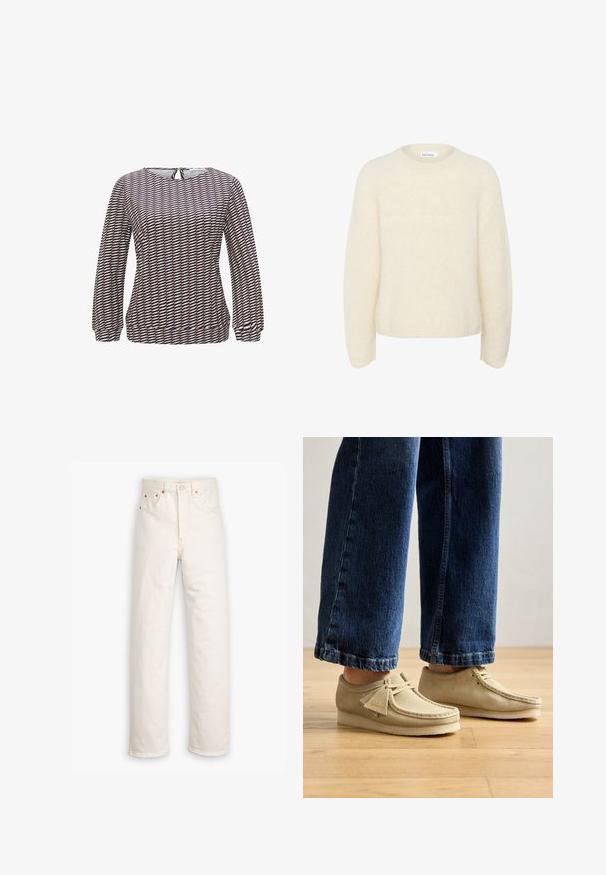 Ivory, oversized sweater made from soft, textured fabric. Features a round neck and long sleeves with a relaxed fit. No visible patterns.; Long-sleeve top in a lightweight fabric featuring a geometric pattern of navy, beige, and white. Rounded neckline with a keyhole back detail.; White denim jeans with a straight-leg design, five-pocket style, and copper hardware accents. Raw hem finish at the ankles.; Beige suede shoes with rounded toes and a low profile. Features lace-up design and stitched accents. Worn with cropped blue jeans.