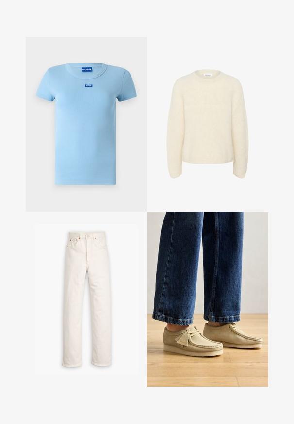 Maglione oversize color avorio realizzato in tessuto morbido e testurizzato. Presenta un collo rotondo e maniche lunghe con una vestibilità rilassata. Nessun motivo visibile.; T-shirt blu chiaro a coste con scollo rotondo e maniche corte. Presenta un piccolo logo blu sul petto. Texture liscia.; Jeans in denim bianco con design a gamba dritta, stile a cinque tasche e dettagli in metallo rame. Orlo grezzo alla caviglia.; Scarpe in suede beige con punte arrotondate e profilo basso. Presentano un design con lacci e dettagli cuciti. Indossate con jeans blu a vita alta e taglio corto.