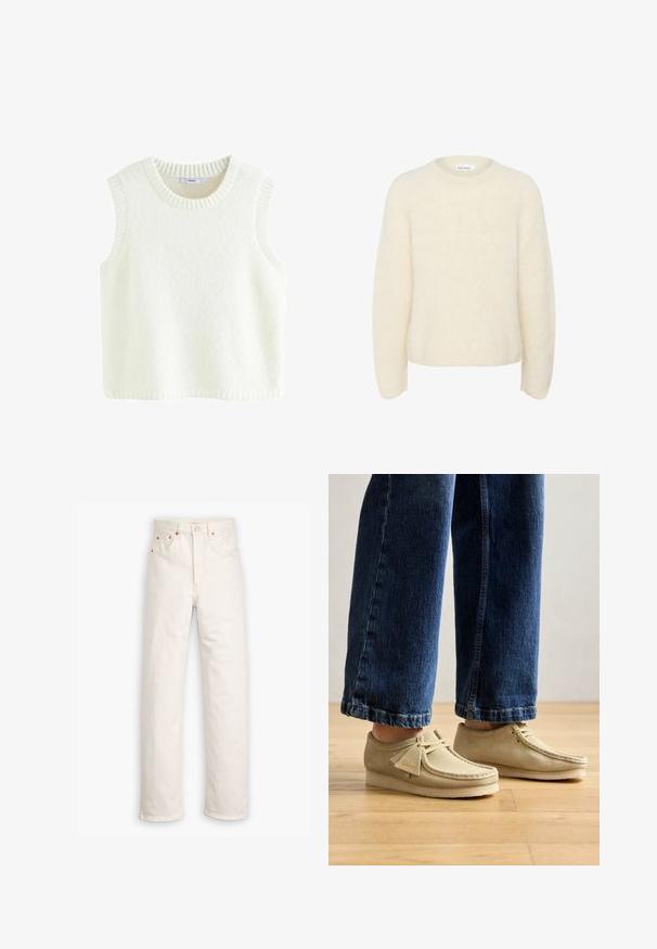 Elfenben, overdimensioneret sweater lavet af blød, tekstureret stof. Har rund hals og lange ærmer med en afslappet pasform. Ingen synlige mønstre.; Hvid ærmeløs sweater lavet af blødt, tekstureret stof. Har en ribbet rund halsudskæring og ærmegab med et rent, enkelt design.; Hvide denim jeans med lige ben, fem-lommestil og kobberdetaljer. Rå kantfinish ved anklerne.; Beige ruskindssko med runde tåspidser og lav profil. Har snørebåndsdesign og syede detaljer. Båret med cropped blå jeans.