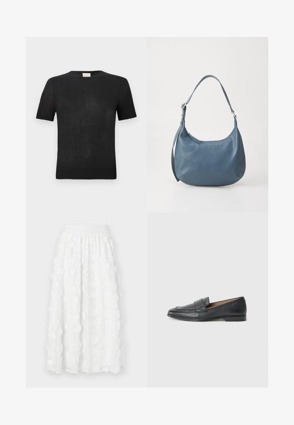 Schwarzes, kurzärmliges T-Shirt aus leichtem, strukturiertem Stoff. Rundhalsausschnitt mit einem dezenten gerippten Saum an den Ärmeln und am unteren Saum.; Weißer knielanger Rock mit gestickten Blumenmustern und strukturierten Akzenten, ausgestattet mit einem elastischen Bund für eine entspannte Passform.; Schwarze Lederloafers mit glatter Textur, einem leichten Glanz, runder Spitze und einer kleinen dekorativen Naht an der Vorderseite.; Blaue Lederhandtasche mit runder Form, einem Schulterriemen, Reißverschluss und eingeprägtem Markennamen auf der Vorderseite. Glatte Textur.