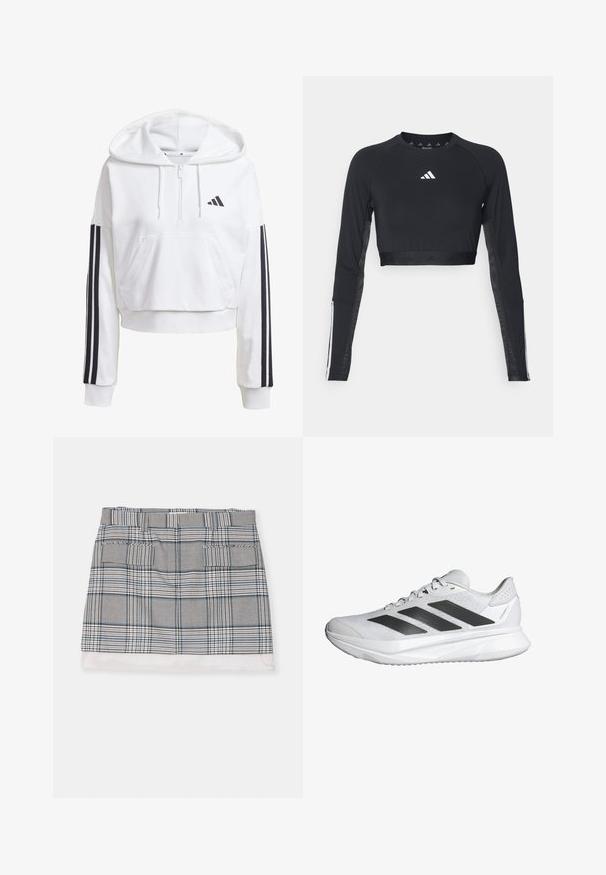 White, cropped hoodie with a front pocket, black three-stripe detailing on sleeves, and a small black logo on the chest. Soft fabric.; Black cropped long-sleeve workout top made of smooth fabric. Features a white logo on the chest and striped accents on the sleeves.; Checkered mini skirt in black, white, and blue. Features two front pockets and a solid white hem. Lightweight fabric with a smooth texture.; White athletic shoe with a breathable mesh upper, three black stripes, lightweight sole, and textured accents on the heel for support.
