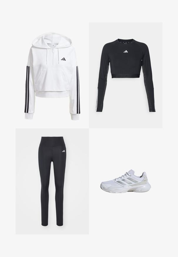 Bílá, zkrácená mikina s kapucí, přední kapsou, černými třemi pruhy na rukávech a malým černým logem na hrudi. Měkká látka.; Černý zkrácený top s dlouhým rukávem na cvičení vyrobený z hladké tkaniny. Má bílou značku na hrudi a pruhované detaily na rukávech.; Černé sportovní legíny vyrobené z elastické tkaniny, s vysokým pasem a bílým logem značky na levém boku.; Bílé sportovní boty s prodyšným síťovaným svrškem, stříbrnými akcenty, polstrovanou podrážkou a bezpečným šněrovacím systémem. Texturované panely na stranách.