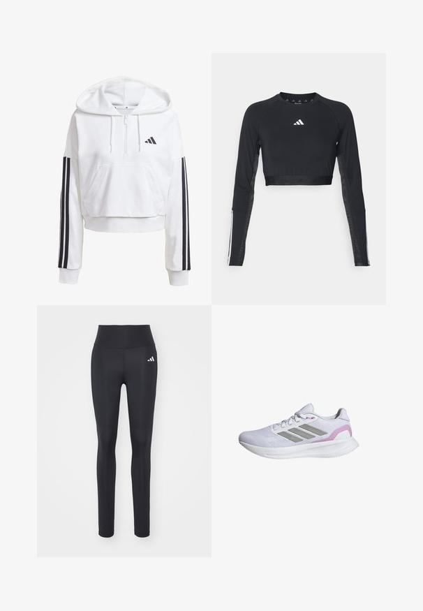 Haut de vêtements à capuche blanc, court, avec une poche avant, des détails noirs en trois bandes sur les manches et un petit logo noir sur la poitrine. Tissu doux.; Haut d'entraînement noir à manches longues et coupé, en tissu lisse. Présente un logo blanc sur la poitrine et des accents rayés sur les manches.; Leggings de sport noirs en tissu extensible, avec une taille haute et un logo de marque blanc sur la hanche gauche.; Baskets de sport blanches avec tige en maille, accents rayés argentés et détail de talon rose. Présentent une semelle texturée avec l'inscription "CLOUDfoam".