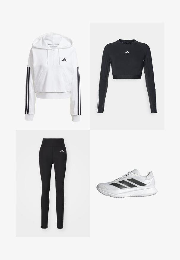 Witte, korte hoodie met een voorkennis, zwarte drie-streepdetails op de mouwen en een klein zwart logo op de borst. Zachte stof.; Zwart geknipt langemouwen workout top van gladde stof. Bevat een wit logo op de borst en gestreepte accenten op de mouwen.; Zwarte sportleggings met een hoge tailleband, gemaakt van rekbare stof. Voorzien van een wit logo op de heup en een uniforme kleur over de hele lengte.; Witte sportieve schoen met een ademende mesh bovenkant, drie zwarte strepen, een lichte zool en gestructureerde accenten op de hiel voor ondersteuning.
