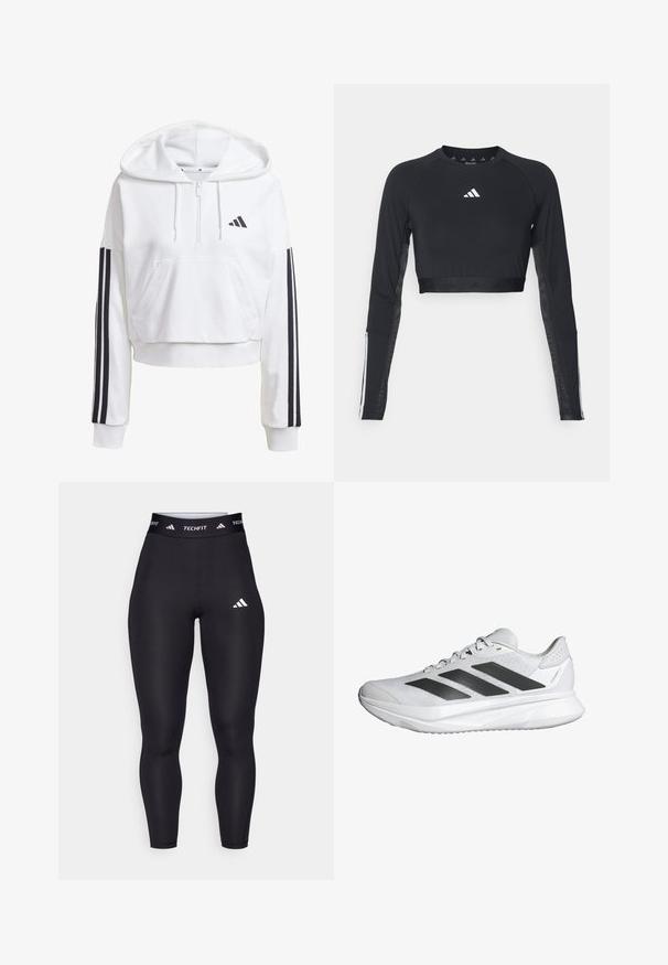Felpa bianca corta con cappuccio e tasca frontale, dettagli neri a tre strisce sulle maniche e un piccolo logo nero sul petto. Tessuto morbido.; Top da allenamento nero a maniche lunghe e cropped realizzato in tessuto morbido. Presenta un logo bianco sul petto e accenti a righe sulle maniche.; Leggings BlackTechfit con vita alta, tessuto morbido, dotati di un logo e brand Adidas bianchi lungo la vita.; Scarpa da ginnastica bianca con tomaia in rete traspirante, tre strisce nere, suola leggera e dettagli testurizzati sul tallone per maggiore supporto.