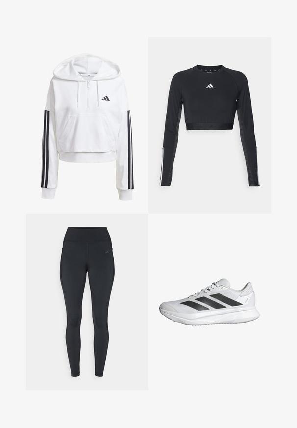 Bílá, zkrácená mikina s kapucí, přední kapsou, černými třemi pruhy na rukávech a malým černým logem na hrudi. Měkká látka.; Černý zkrácený top s dlouhým rukávem na cvičení vyrobený z hladké tkaniny. Má bílou značku na hrudi a pruhované detaily na rukávech.; Černé legíny s vysokým pasem, elegantním designem, elastickým materiálem a bočními kapsami. Na horní části nohy se nachází jemné logo značky.; Bílé sportovní boty s prodyšným síťovaným svrškem, třemi černými pruhy, lehkou podrážkou a texturovanými detaily na patě pro oporu.