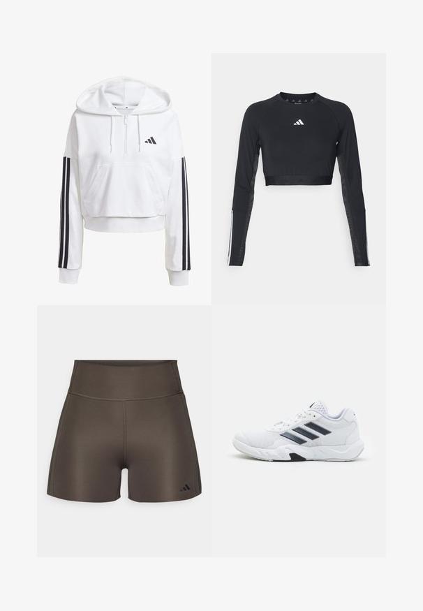 Hvid, cropped hoodie med en frontlomme, sort tre-stribe detaljer på ærmerne og et lille sort logo på brystet. Blødt stof.; Sort cropped træningstop med lange ærmer lavet af glat stof. Har et hvidt logo på brystet og stribede detaljer på ærmerne.; adidas Performance OPTIME RAW CUT HEM - Tights - shadow olive; Hvid atletisk sko med mesh-overdel, tre sorte striber på siden, strukturerede accenter og en robust gummisål med et kontrasterende sort område.